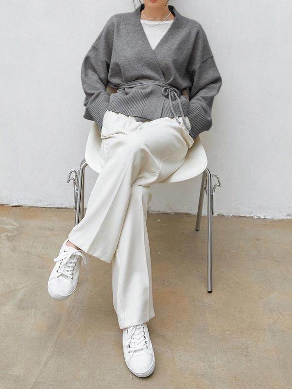 Less Drop Shoulder Belted Cardigan casual cardigan cozy fall warm cardigan woman top v neck cardigan woman adorable  knitwear