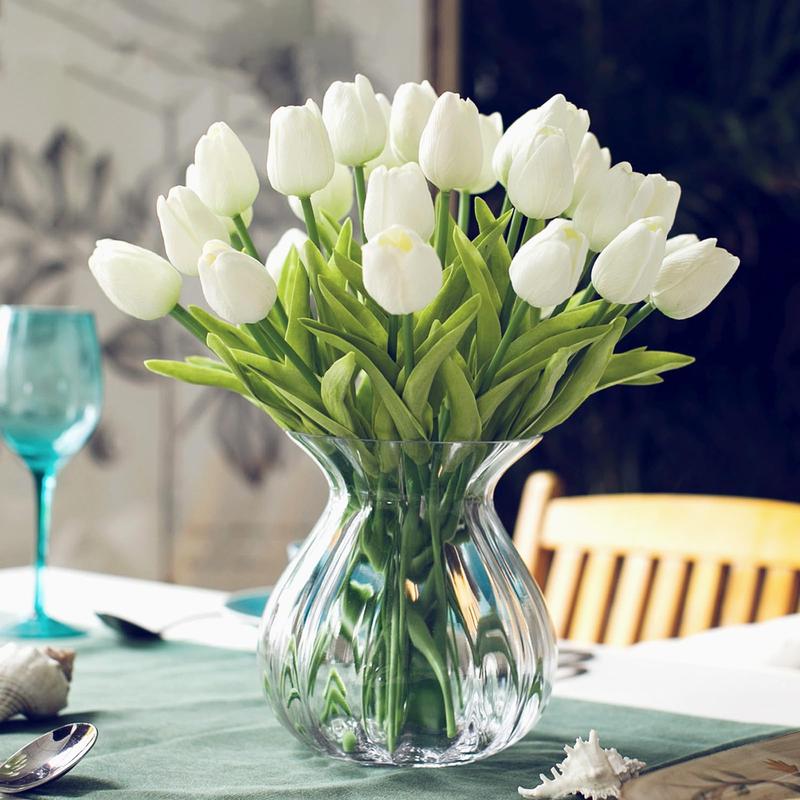 White Real Touch PU Artificial Tulips for Easter Valentine's Day Wedding BabyShower Table Centerpieces Mantel Shelf Bedroom Living Room Kitchen Home Decor RealisticSpring Flowers Fake Florals for Party Gift Office Patio Decoration