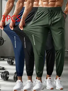 3-piece set of men's summer ice silk cooled jogging pants, fast drying lightweight technical training sports pants, elastic drawstring waist exercise pants
