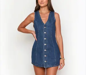 Denim Dress Sleeveless V-Neck Retro Style Spring Summer Buttoned Front Closure Waist Cinched Short Fashion Versatile Women's Dress