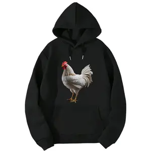 White Rooster Printed Long Sleeve Hoodie – Regular Fit, Crew Neck for All Seasons