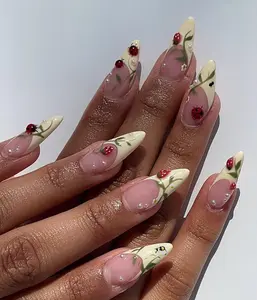 AURA NAILS \ Ladybug French Press On Nails  3D Cute Bug & Leaf Nail Art  Handmade Spring Nature Press Ons  Soft Cream French Nails  DC320H3