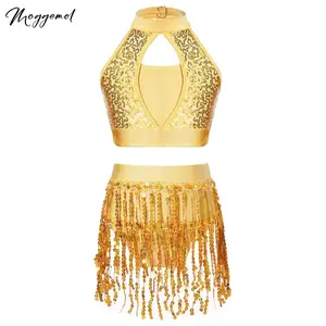 New styleKids Girls 2Pcs Outfit Shiny Sequins Tassels Jazz Latin Dance Costumes For Rumba Chacha Samba Hip Hop Performance Dancewear