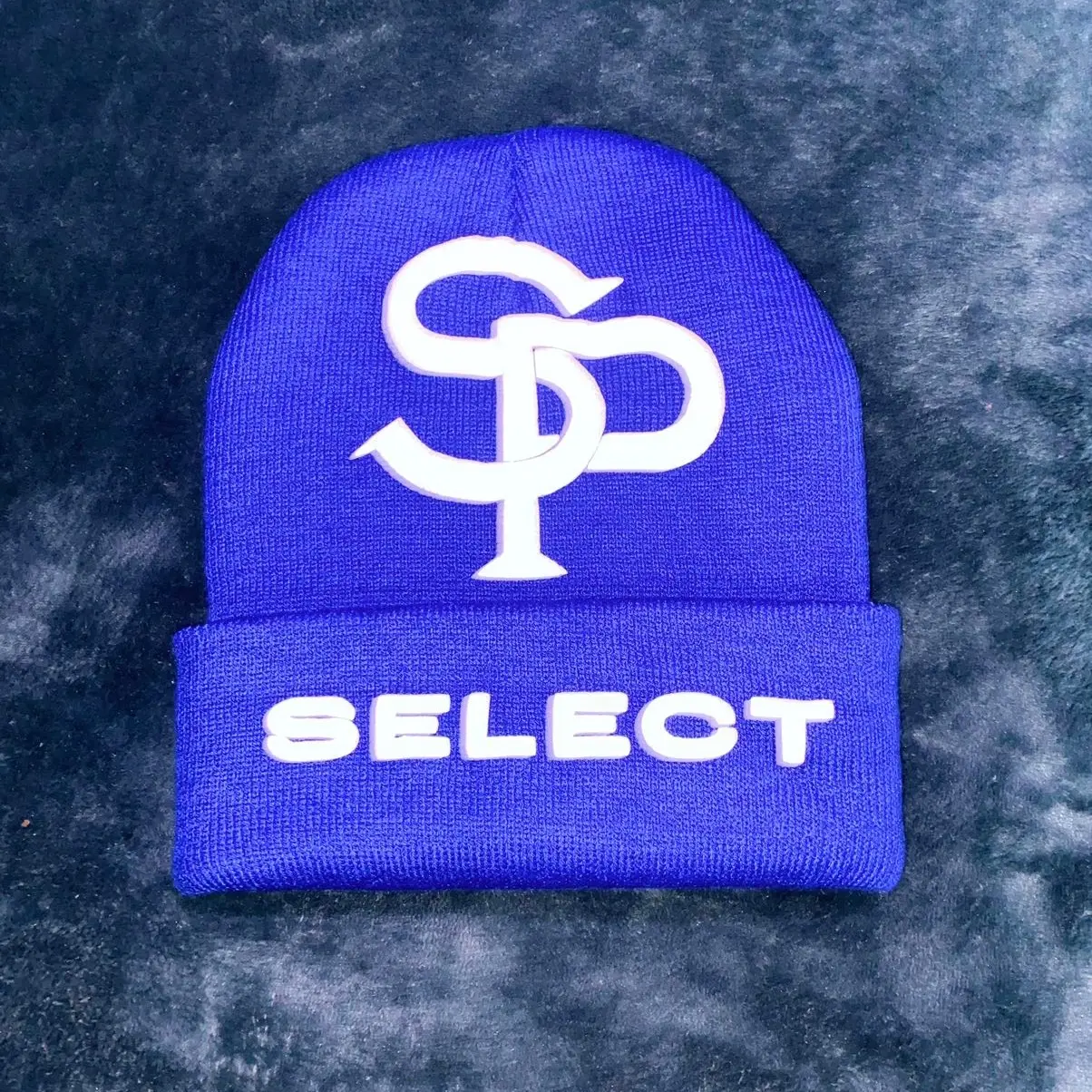 blue puff print beanie