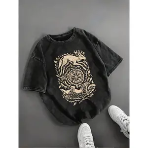 Nordic Botanical Forest Print T-Shirt | Black and Golden Beige Retro Short Sleeve Top with Birch Tree, Mushroom and Nordic Knot (Nordic Rune) Design - Soft Washed Casual Summer Tee for Scandinavian Style Outfits