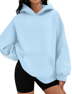 MNLYBABY Women's Light Blue Hoodie with Oversized Fit and Bow Detail for Comfortable Wear