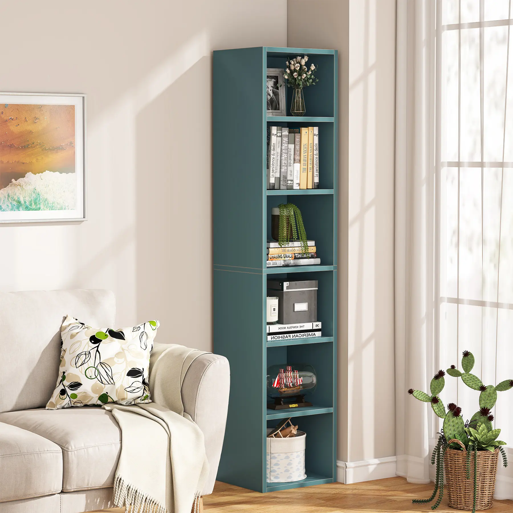 LITTLE TREE 70.9 Inch Tall Narrow Bookcase, Modern Slim Corner Bookcase with Storage, 6 Tier Cube Display Shelves for Home Office