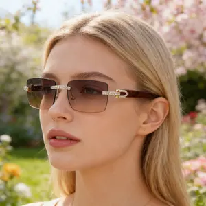 Y2K Aesthetic Rimless Sunglasses with Bling Rhinestone Wood Texture Temple Trendy Sun Glasses for Fashionable Look