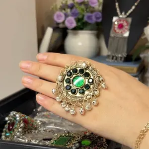 Afghan Vintage Round Ring Kuchi Coin Charm Jewelry Silver-Toned Metal with Colorful Stone Inlays Perfect for Gifting or Styling
