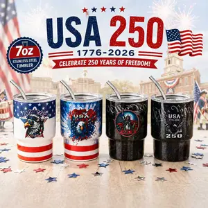 America 250th Anniversary 7oz Mini Tumbler with Straw｜Patriotic 304 Stainless Steel Barrel Cup｜4 USA Designs｜Espresso Shot Glass｜1776-2026 Independence Day Gift