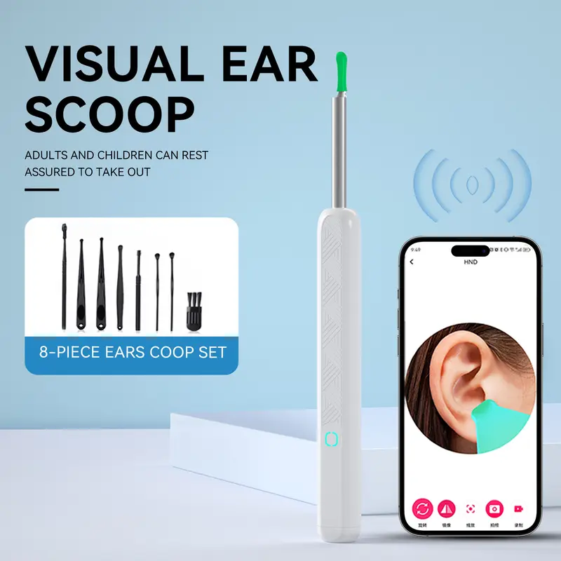 Gift Visual Ear Pick with HD Camera & LED Light - Soft Silicone Tip, Built-in Camera, Real-Time Viewing via App, Family-Friendly Design, Gentle Safe Precision Cleaning, FDA-Compliant, 8-Piece Ear Scoop Set, IP67 Waterproof Grade