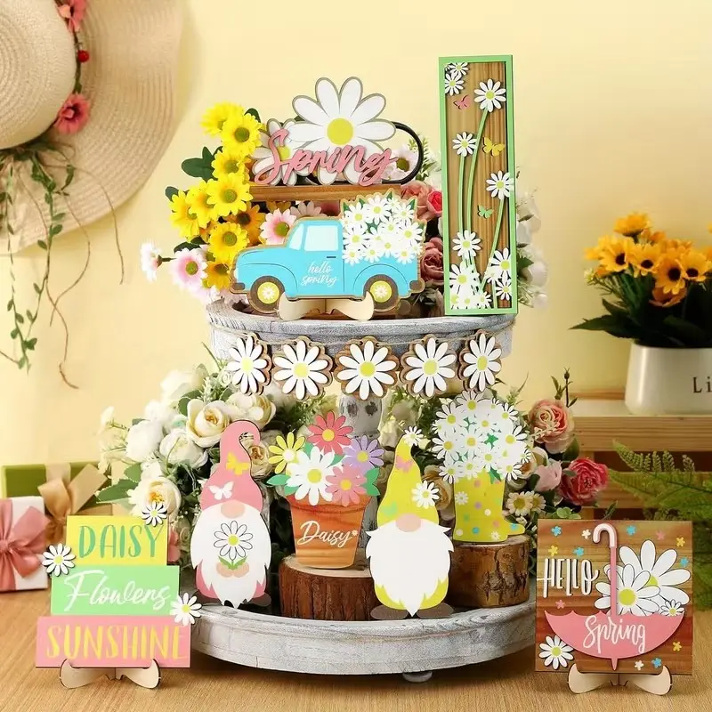 14-Piece Daisy & Spring Floral Decor Set, Rustic Wooden Signs & Flowers, Layered Tray Decor, Home & Party Table Setting