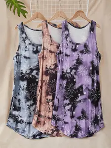 【Plus Size】 All Over Print Tie Dye Tank Nightdress, Sleeveless Cami Nightdress, Casual Comfy Sleeveless Nightgown for Women, Women's for All Seasons