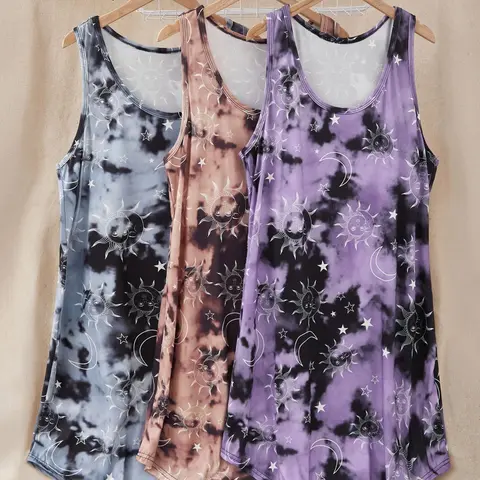 [Plus Size] All Over Print Tie Dye Tank Nightdress, Plus Size Loungewear, Fashion Sleepwear, Sleeveless Cami Nightdress, Casual Comfy Sleeveless Nightgown for Women, Women's for All Seasons