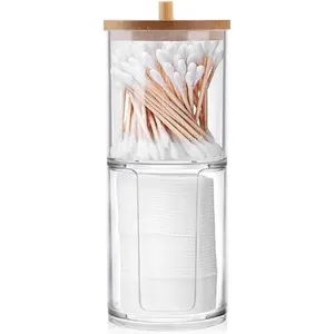 Qtip Holder with Cotton Pads and Bamboo Lid, Stackable, Suitable for Bathroom Countertops; Acrylic Storage Box for Keeping Cotton Balls, Q-tips, and Bath Salt