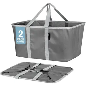 CleverMade Collapsible Laundry Tote, Charcoal/Gray 2PK - 50L (13 Gal) Collapsible Laundry Baskets with Sturdy Pop-Up Wire Frame and Long Carry Handles - Space-Saving Collapsible Hamper