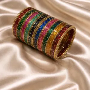 Raindrop Design Glass Bangles Set in 32 Multicolor for Indian & Pakistani Semi-Bridal Bridal Gold Shimmer Bangles. Includes colors: Maroon, lime, Magenta, teal, green, blue, red,sea green pink and golden.