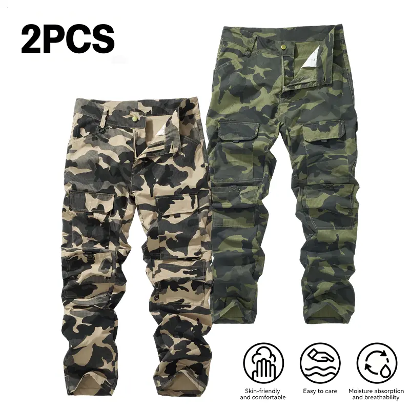 2 Pack Men's Camo Cargo Pants Multi Utility Pockets Skin-Friendly Breathable Moisture Wicking Casual Work Outdoor Hiking Pants zipper autumn wear father ideal comfortable aesthetic fatigue men durable military streetwear all-season