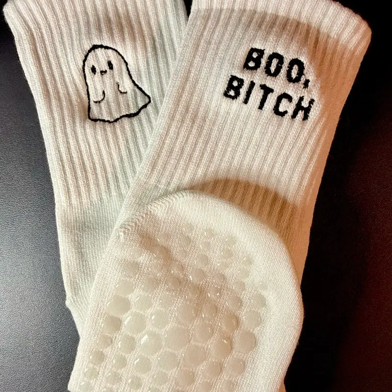Embroidered Handmade Pilates Grip Socks Boo B*tch Ghost Halloween Pilates Yoga Barre