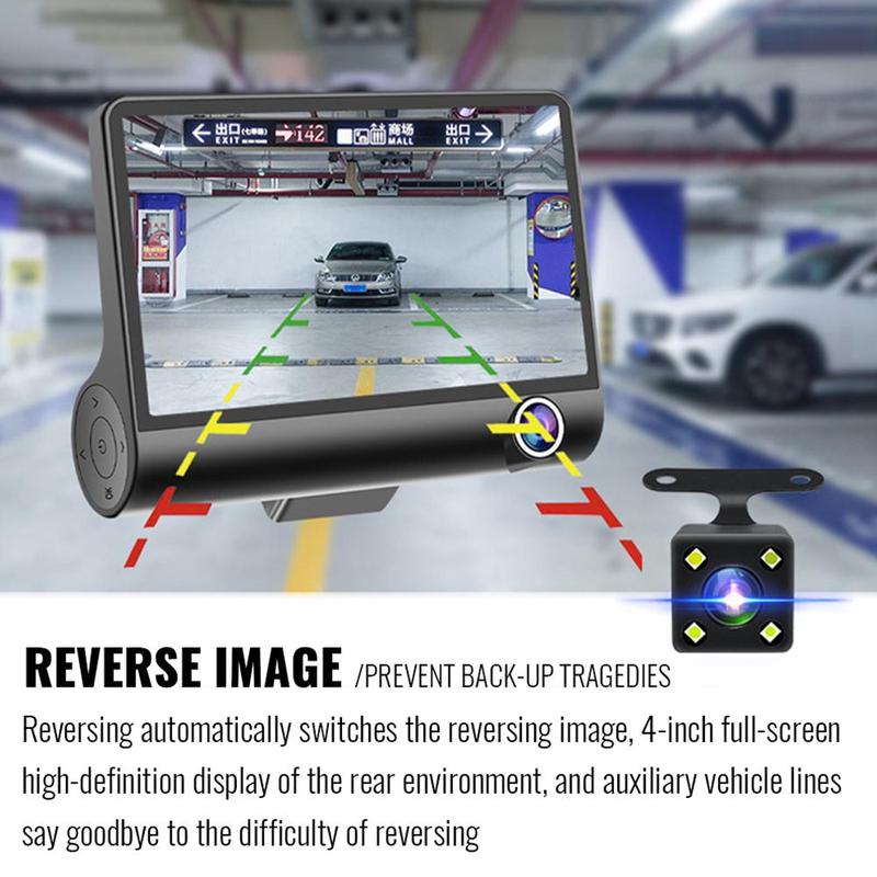 4Inch 3 Channel Dash Cam, Dual Lens Night Vision HD Car DVR Video Dash Cam 1080P 170° Wide Angle Video Recorder Camera LCD Screen G-Sensor, Loop Recording, Motion Detection and Parking Monitor