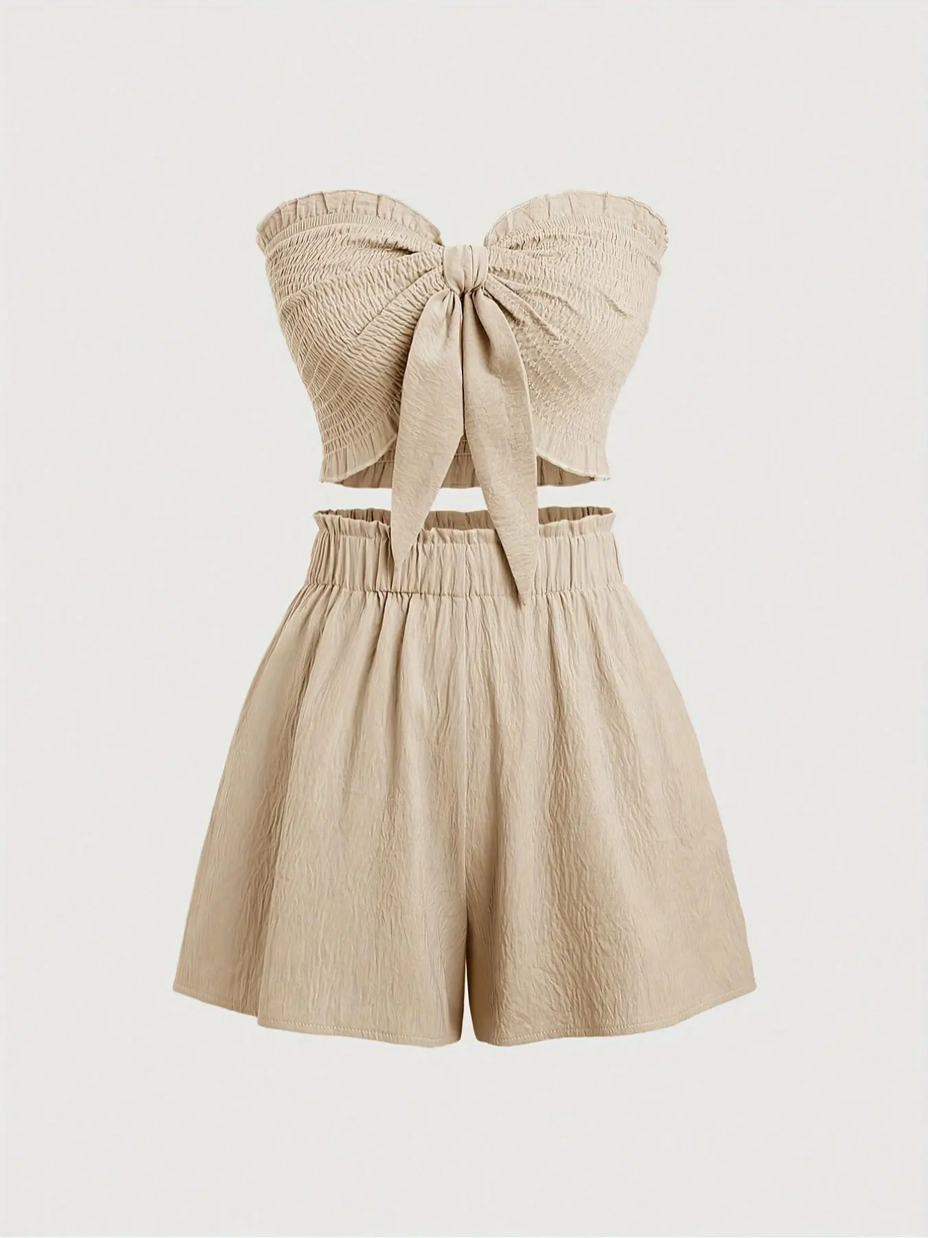 Women's Casual Bohemian Two-Piece Matching Set for Beach Dates, Romantic Cropped Top and Fitted Shorts, Relaxed Fit with Off-Shoulder Design, Woven, Clothes, Womenswear