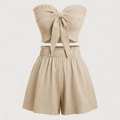 Women's Casual Two-Piece for Beach Dates, Romantic Cropped Top and Fitted Shorts, Relaxed Fit with Off-Shoulder Design, Woven, Clothes, Womenswear, Two Pieces Outfits