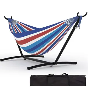 2 Person Hammocks with Stand for Outside, Double Hammocks Portable Space Saving Heavy-Duty Steel Stand for Indoor Outdoor Patio with Carrying Bag, 450 lbs Capacity-Blue,White and Red Stripes