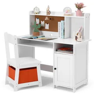 Kids Study Desk and Chair Set for Boys & Girls Wooden Ergonomic Design Includes Built-In Chair Storage Bins Bookshelf Organizer & Cork Bulletin Board for Children Studying Writing Drawing