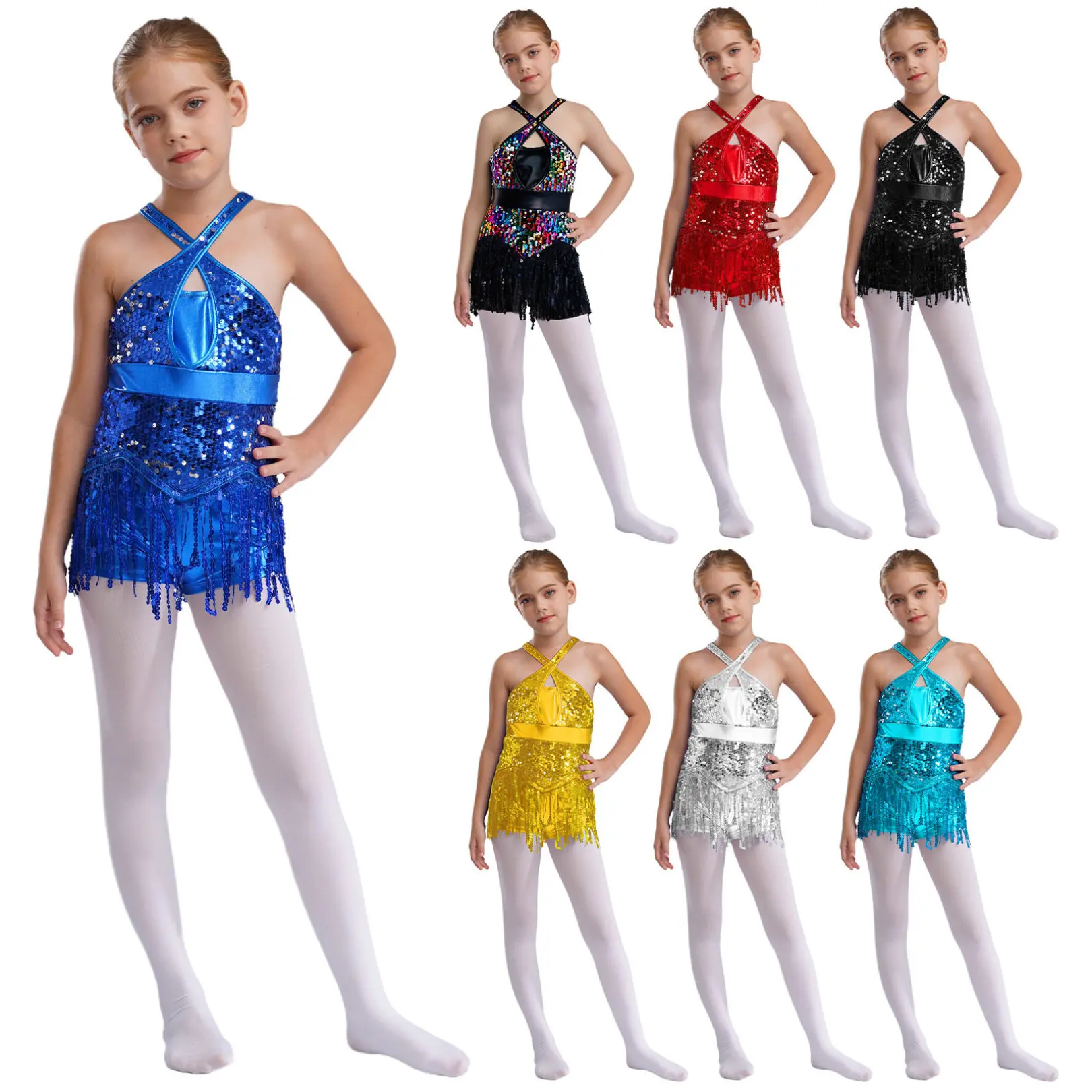 easyforever Girl's Sleeveless Sequin Tassel Latin Dance Leotard, Comfy 100% Polyester Costume for Tango & Rumba, Breathable, Sparkly Dresses, Dance Party, Front