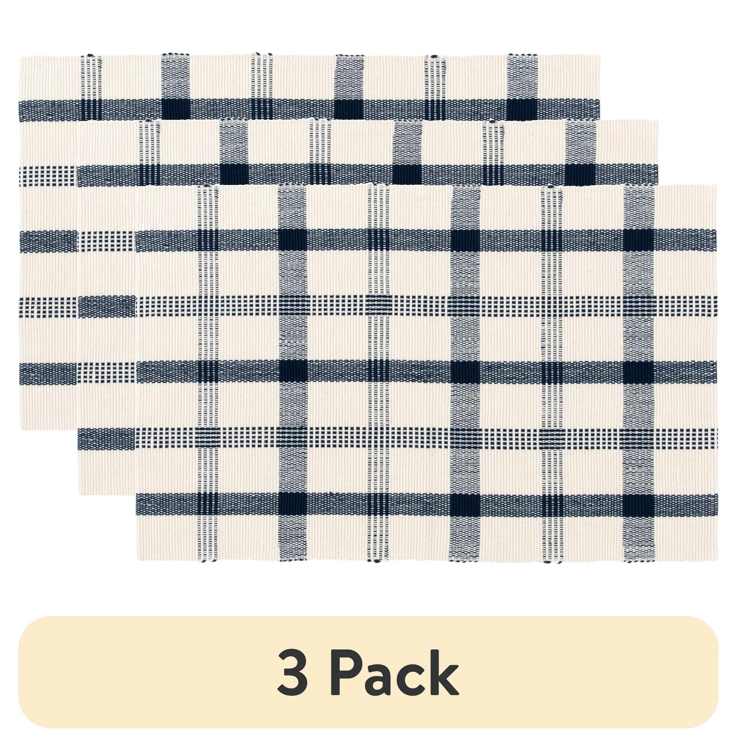 Outdoor Layering Rug 3 Pack, Blue Plaid Woven PET 24 x 36 Inch Flat Pile Accent Rugs with Skid Resistant Backing for Patio Deck Entryway