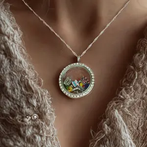 The ULTIMATE Birthday Gift - Elegant Silver Locket Necklace with Colorful Charms and Sparkling Rhinestones for Women