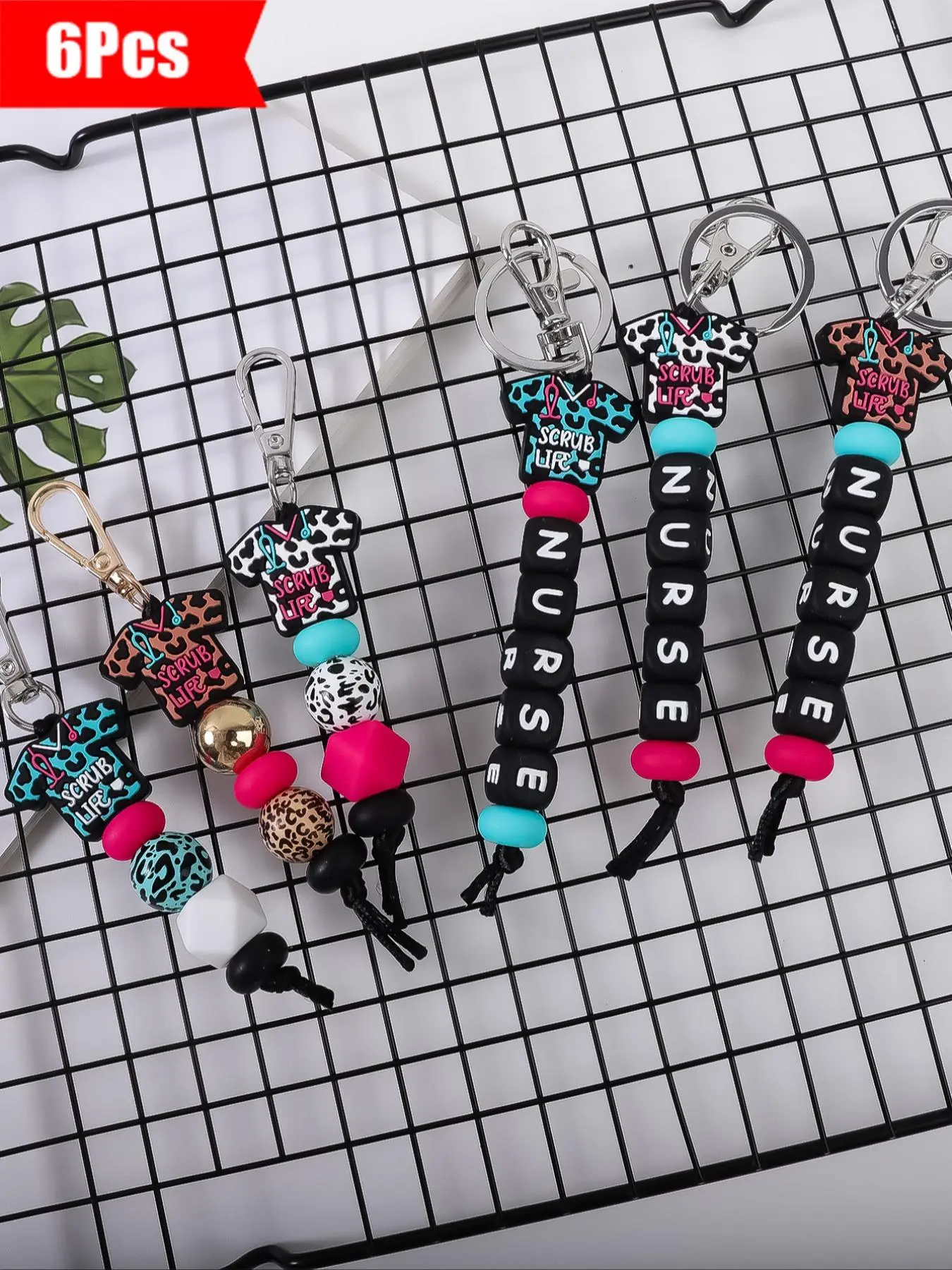 6-Piece Colorful Leopard Print Silicone Beaded Keychain Set, Stylish Nurse Themed Key Holders and Bag Charms, Perfect Gift for Doctor and Nurse Day, Keychain Bag Pendant, Keychain Jewelry, Keychain For Bags, Keychain Included