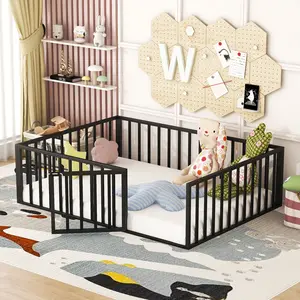 Dreamzon Full Size Metal Floor Bed Frame with Fence and Door, Black