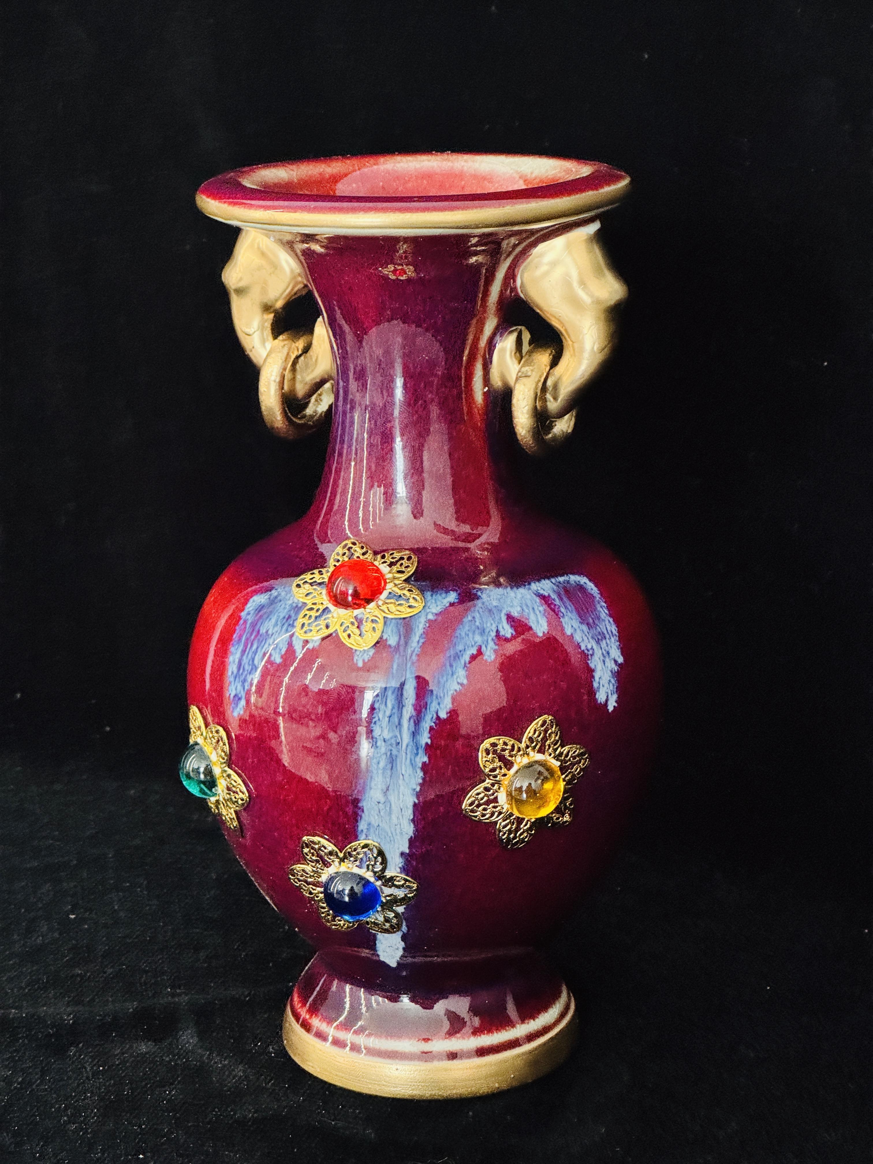 Handmade Chinese Jun Porcelain Vase with Gold Elephant Handles & Gem Inlays, Vintage Red Glaze Luxury Ceramic Vase, Unique Asian Art Home Decor