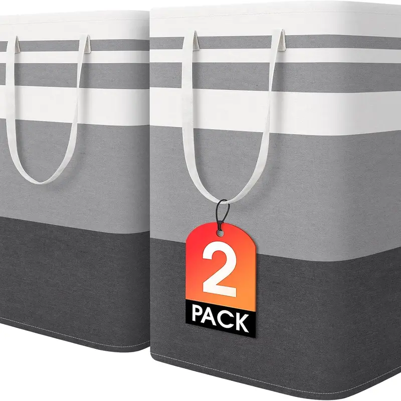 2-Pack High-Capacity Waterproof Clothes Storage Baskets, Freestanding Collapsible Laundry Hampers with Reinforced Handles - Fathers Day Gift for Apartments, College Dorm, Bathroom, Easy to Clean Household Items for Hotels (Grey, 75Lx2)