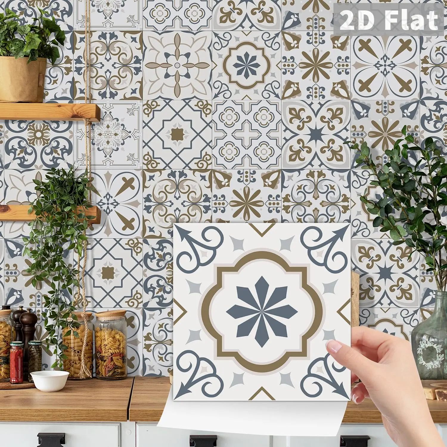 24PCS/Box NHZ Light Blue-Brown Retro Geometric Patchwork Wall Stickers | Crystal Film Peel & Stick | Waterproof Oil-Proof for Kitchen Backsplash Bathroom Furniture Stairs