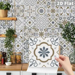 24PCS/Box Light Blue-Brown Patchwork Retro Wall Stickers | Crystal Film Peel & Stick | Waterproof for Kitchen Backsplash Bathroom Furniture Decorative Wall Sticker