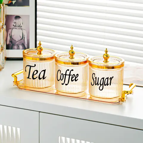 Light Luxury Sealed Canister Set, Plastic Storage Jar with Golden Lid for Tea, Coffee and Sugar, Reusable Kitchen Food Containers, Kitchen Supplies, Organized Food Storage