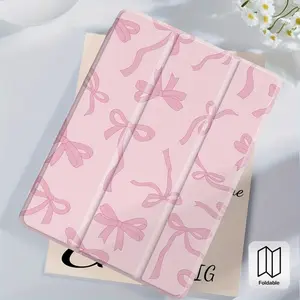 Pink bowknot foldable iPad case with pencil slot, touch stand and auto sleep/wake function. Compatible with iPad mini 3/4/5/6/7, iPad Air 1/2/3, iPad Pro series, Galaxy Tab S6/S7/S8/S9/S10, A7/A8/A9 series. Ideal gift for Easter and Mother's Day., Covers,