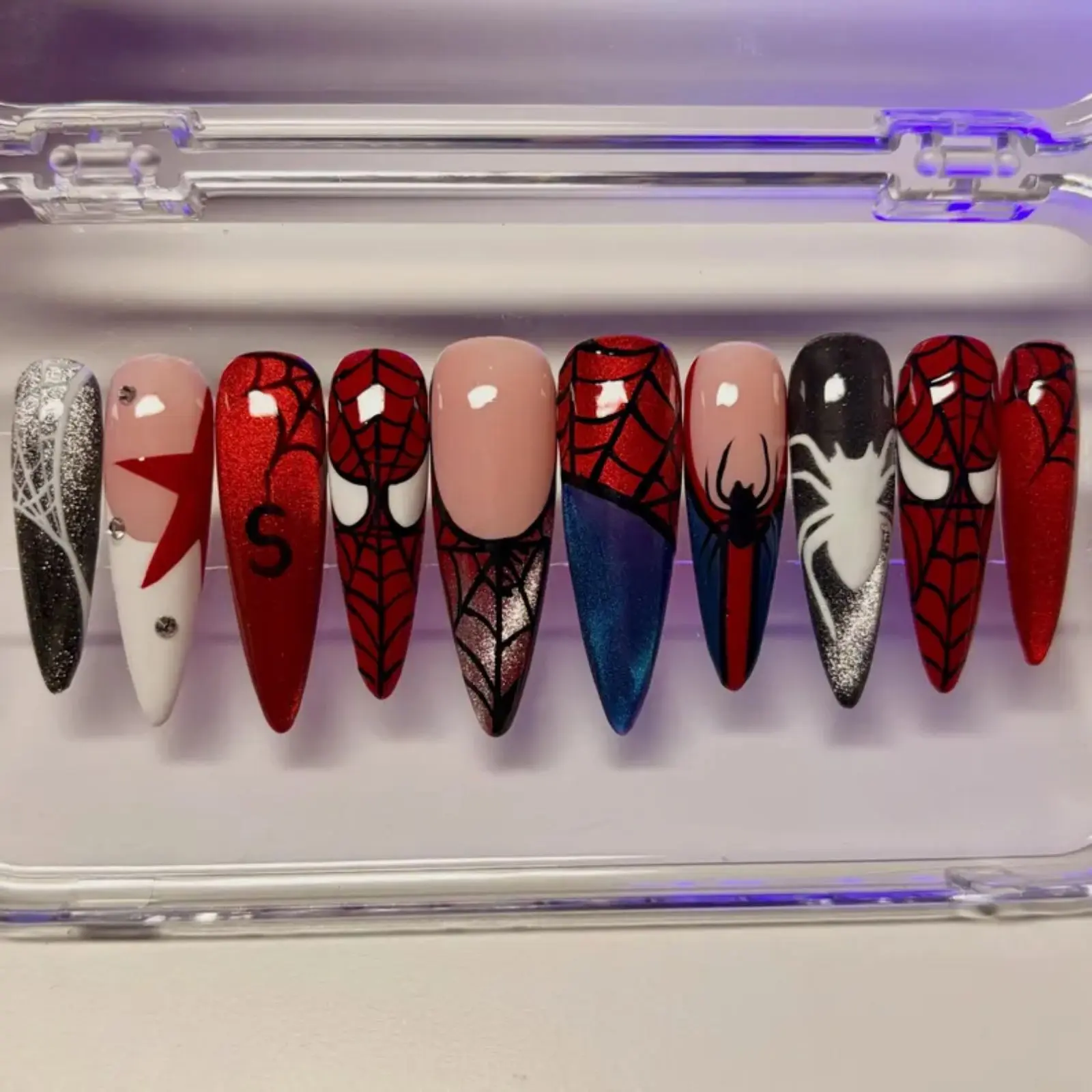 Superhero Inspired Press On Nails | Red Black Web Design Handmade Nails | Comic Style Alternative Nail Set | Graphic Hero Press On Nails | Reusable Almond Nails