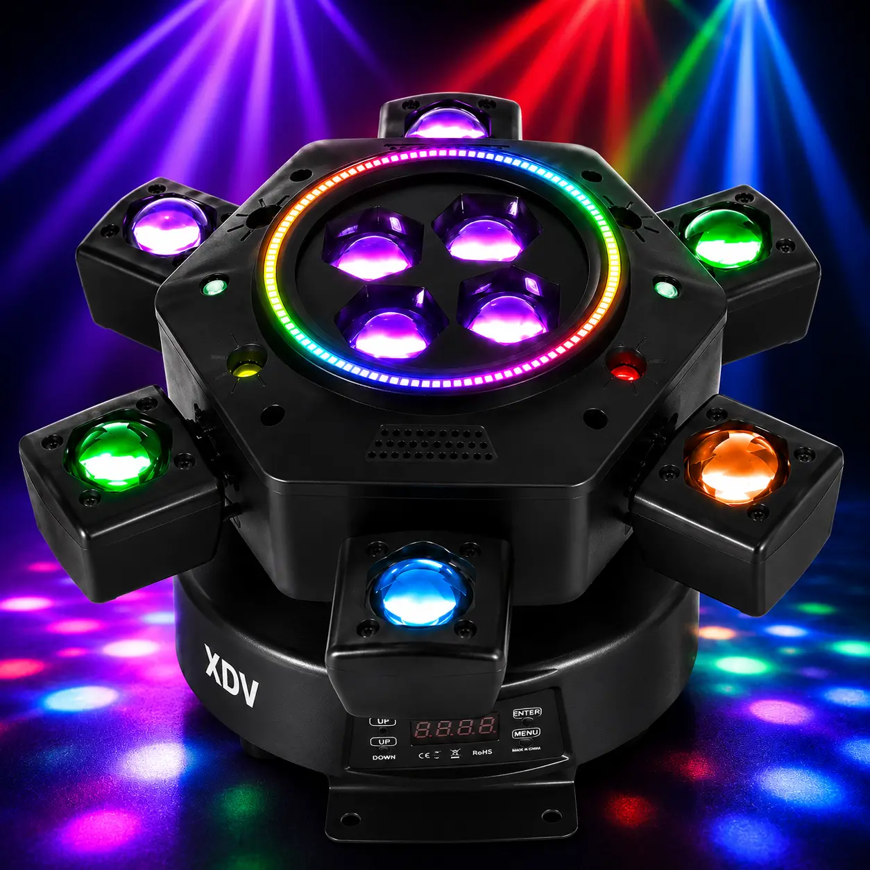 XDV 150W 6-Arm Moving Head LED Decoration - Dynamic RGB LED Light, Music Sync, Sound-Activated, Strobe Lights, Wall-Hanging Contemporary Decor for Man Caves, Halloween Parties (Ideal for Bands)