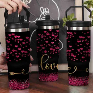 30oz Stainless Steel Insulated Tumbler with Leak-Proof Lid & Portable Handle - LOVE GLITTER VALENTINES DAY Pattern, Long-Lasting Hot/Cold Insulation, Personalized Winter Tumbler for Her/His, new year gifts & Valentine gifts, Anniversary Gift