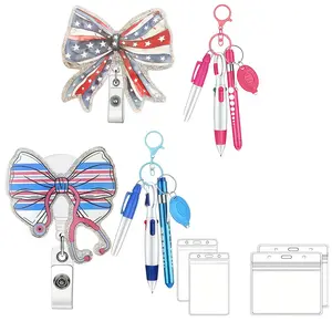 Sparkle Bow Brooch/stethoscope Badge Clip, Extensible Design, Includes Round Note Pen Fluorescent Pen Eld Light Keychain Set