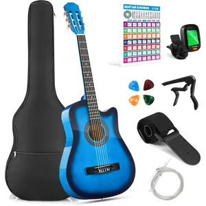 38" Acoustic Guitar for Beginners  Youth Adult Cutaway Guitarra Acustica Kit with Chord Poster, Gig Bag, Tuner, Picks, Nylon Strings, Capo, Strap - Blue