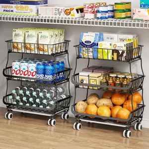 3-Tier Rolling Pantry Organizers with Wheels, Stackable Wire Basket for Pantry Shelves, Vegetable Rack Pantry Cart for Snack Fruit Onion, Black