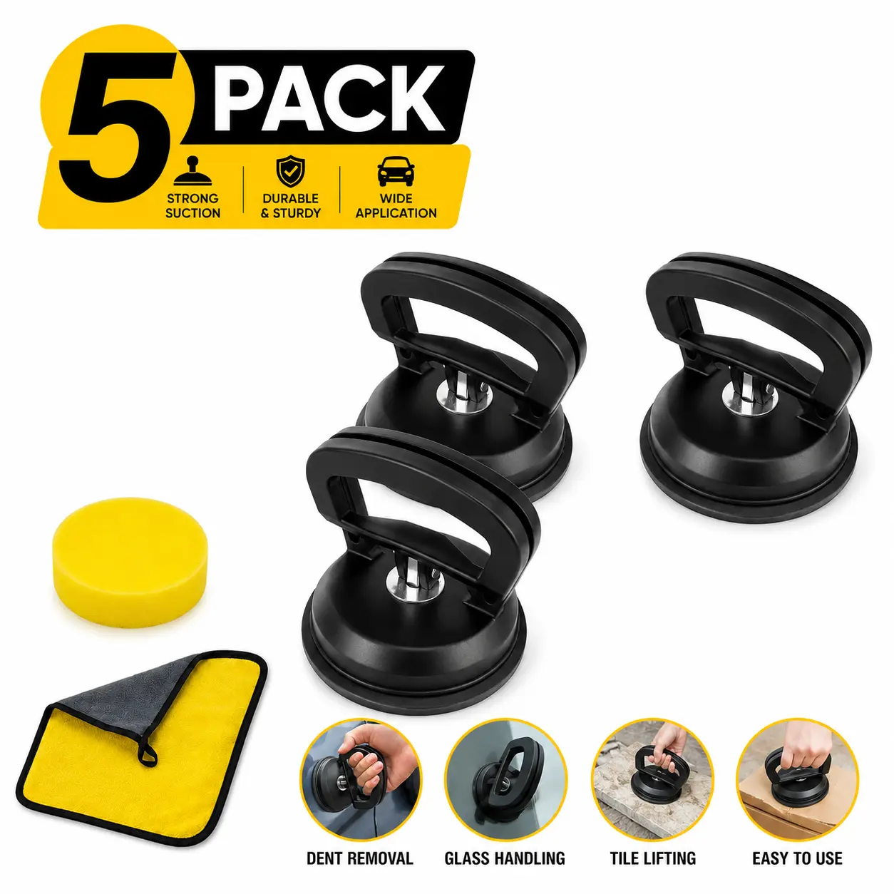 Car Dent Puller, Suction Cup Holder Dent Repair Kit Quick Car Dent Remover Tool for Paintless Car Body Dent, Lifting and Heavy Objects Moving, SUV & Cars Universal - 5 Pack (Black) (Black)