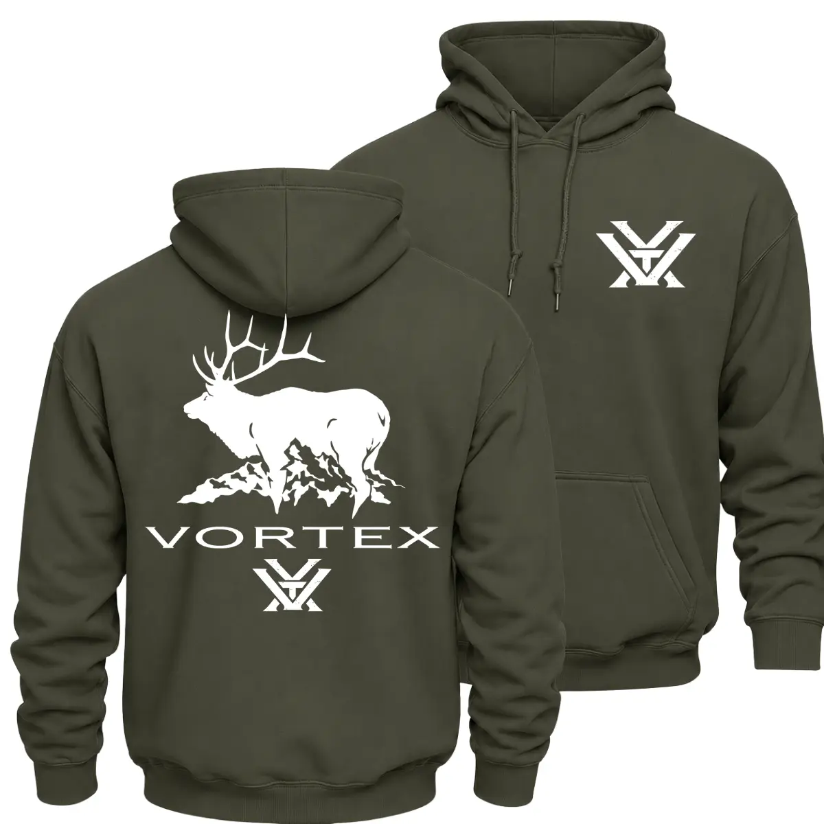 Vortex Elk Hunting Hoodie, Bull Elk Mountain Graphic Pullover, Outdoor Hunting Hoodie, Front Chest Logo and Large Back Print, Big Game Hunter Gift for Men and Women
