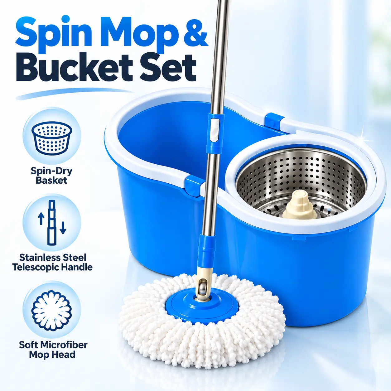 Spin Mop and Bucket Set with Spin-Dry Basket, Adjustable Stainless Steel Handle & Microfiber Mop Head for Wet and Dry Floor Cleaning