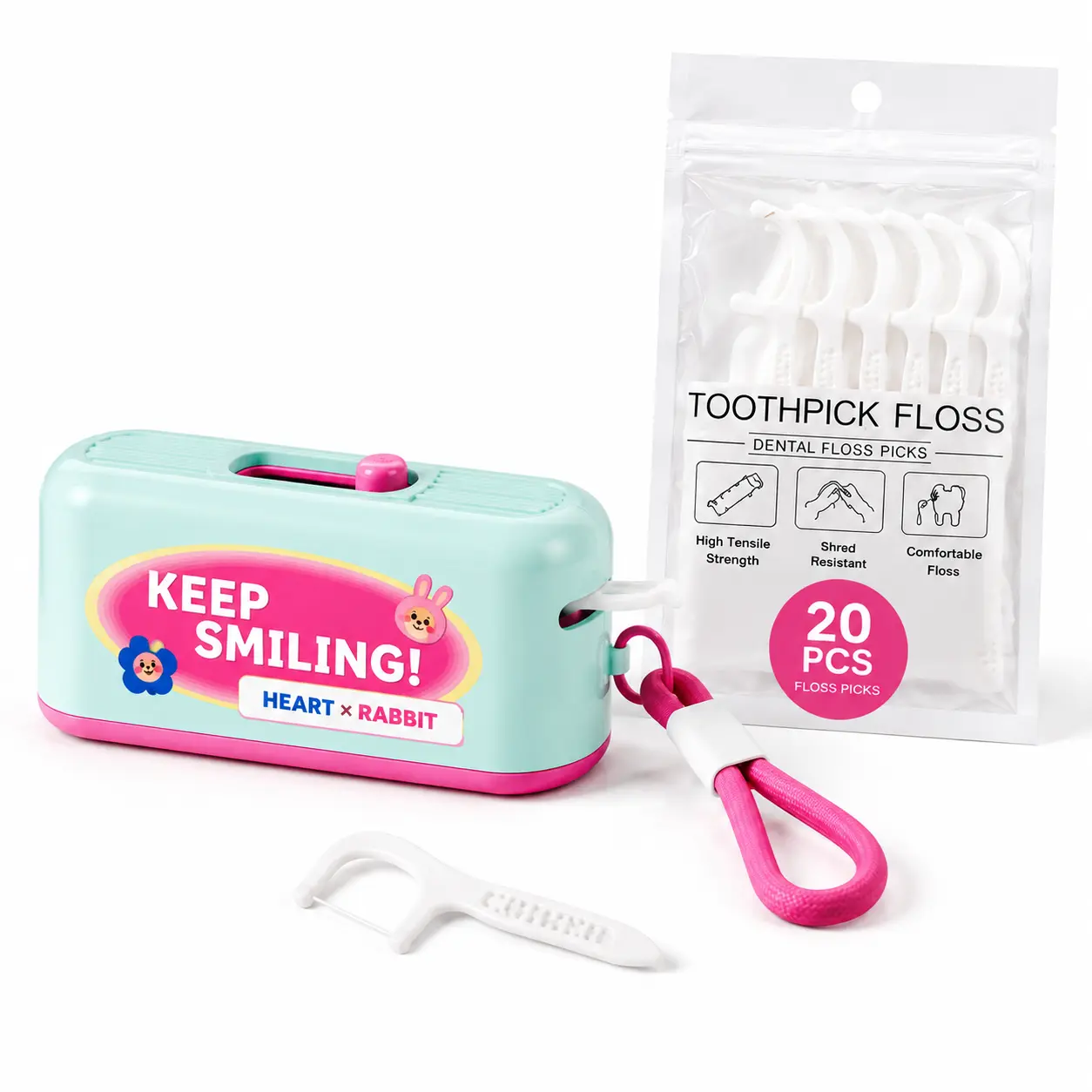 Cute Automatic Dental Floss Dispenser, Push Button Floss Case with 20 Floss Picks, Portable Refillable Oral Care Storage Box for Travel & Home