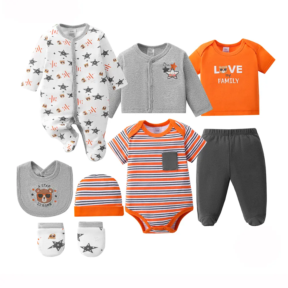 A set of 8 items for hospital newborn supplies, suitable for both male and female babies. It includes baby rompers, bibs, T-shirts, hats, gloves, coats and pants. The set is presented in a combined form.